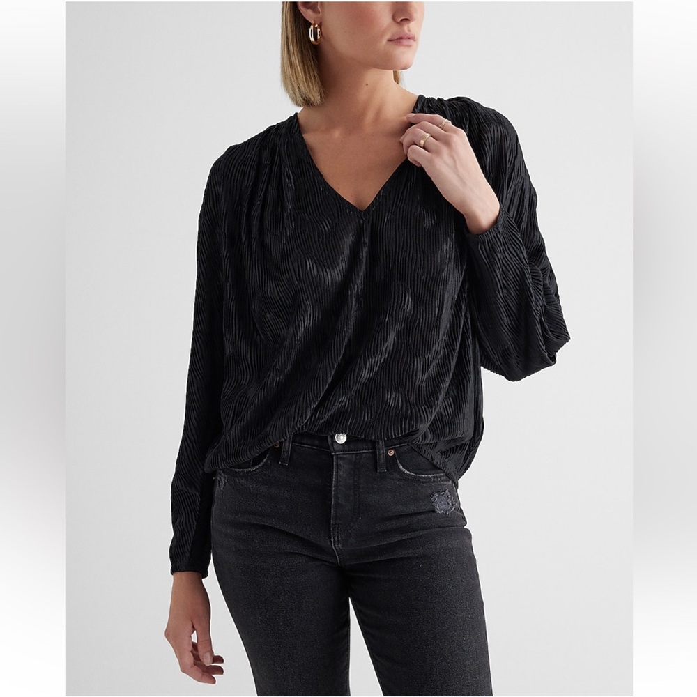 NWT EXPRESS Skimming Textured V-Neck Long Sleeve Pleated Top- Size L